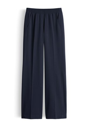 Pantaloni a gamba larga blu navy con cintura elastica e tasche laterali, mostrati su uno sfondo bianco.