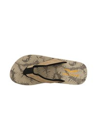 Beige teenslippers met een zwarte band; gepatternde zool in bruin tinten. Met merklogo in oranje. Plat ontwerp geschikt voor casual dragen.