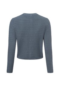 Blauwe, lange mouwen trui met een gestructureerd, ruitpatroon. Heeft een ronde hals en een korte zoom, gemaakt van gebreide stof.