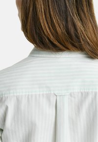 Lichtgroen en wit gestreept shirt met een puntige kraag, een knoopsluiting aan de achterkant en een zachte, gladde textuur.