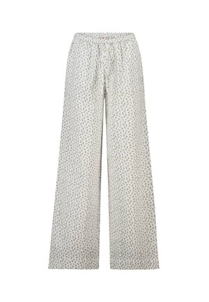 Wide-leg white pants with small green and blue floral print and elastic waistband.