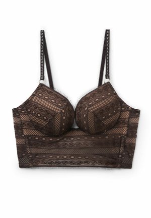 Schwarzer Spitzen-LangBH mit Bügelcups, verstellbaren Trägern und gemustertem Netzstoff.