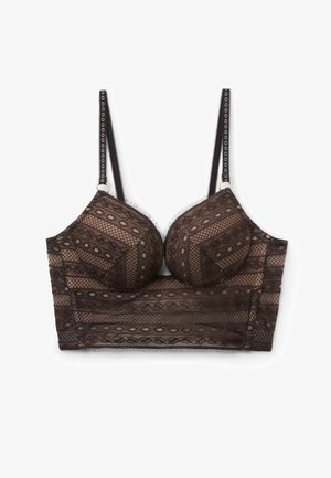 Schwarzer Spitzen-LangBH mit Bügelcups, verstellbaren Trägern und gemustertem Netzstoff.