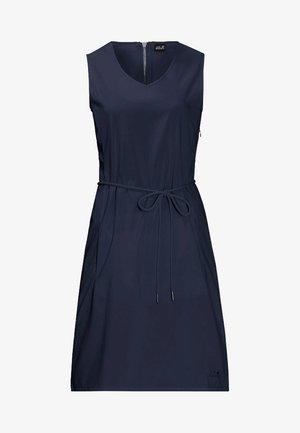 Ärmelloses, marineblaues Kleid mit V-Ausschnitt, Reißverschluss am Rücken und verstellbarem, dünnem Gürtel, der in der Taille gebunden wird.