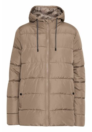 Tan krāsa pūkains mētelis ar kapuci, spīdīga neilona virsma, rāvējslēdzēja priekšpuse un melna aukla. Iezīmē horizontāli šķērsotas šuves un sānu kabatas.