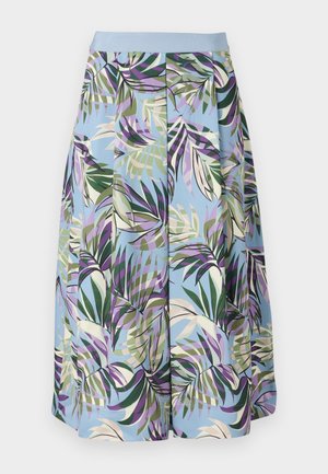 A knee-length skirt featuring a blue base with a vibrant tropical leaf pattern in green, purple, and beige, finished with a light blue waistband.