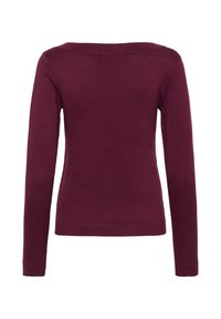 Bordeaux lange mouwen trui met een brede off-shoulder halslijn, nauwsluitend design en geribbelde manchetten. Glad textuur en geen zichtbare patronen.