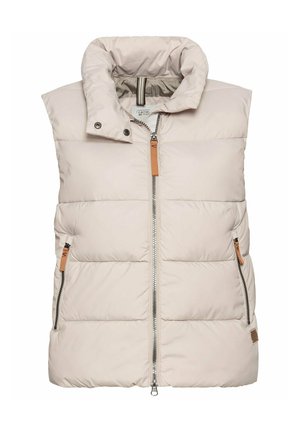 Beige puffer vest met een hoge kraag, ritssluiting en twee zijzakken. Kenmerkt zich door contrasterende tan leren accenten en een gestikt ontwerp.