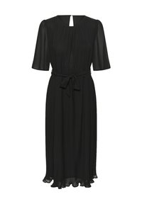 Rochie neagră, până la genunchi, dintr-un material moale, plisat. Prezintă mâneci scurte, un guler rotund și o curea detașabilă la talie.