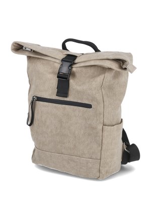 Beige canvas backpack with a roll-top design, black buckle closure, front zip pocket, and side pocket. Features sturdy straps and textured fabric.