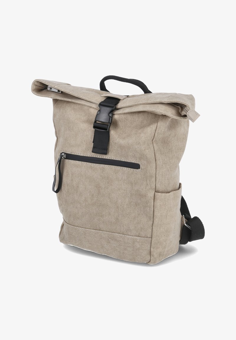 Beige canvas backpack with a roll-top design, black buckle closure, front zip pocket, and side pocket. Features sturdy straps and textured fabric.