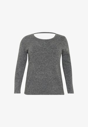 Grå långärmad topp med rund halsringning, tillverkad av ett mjukt, texturerat tyg. Har en avslappnad passform och sidslitsar för ökad rörelsefrihet.