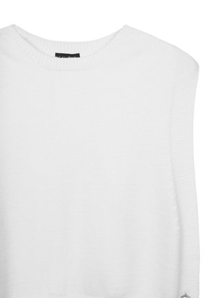 Weißes ärmelloses Strickoberteil mit rundem Ausschnitt. Besitzt eine gerippte Textur am Kragen und Saum, einen glatten Stoffkörper und ein minimalistisches Design.