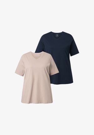 Zwei kurzärmlige V-Ausschnitt T-Shirts in hellbeige und marineblau. Hergestellt aus weichem Stoff, mit lockerem Schnitt und minimalistischem Design.