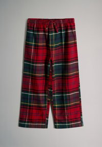 Pantaloni a quadri rossi e verdi con vita elastica, coulisse e gambe dritte. Il tessuto ha una texture morbida con linee accentate bianche e gialle.