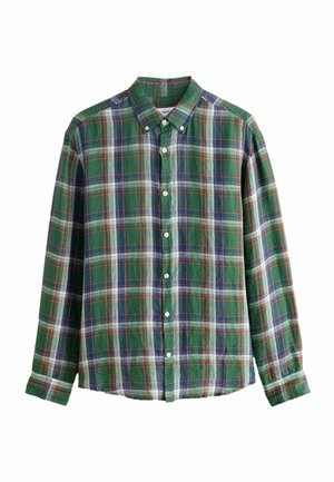 Green long-sleeve button-up shirt with a multicolored plaid pattern and a button-down collar on a white background.