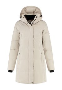Beige lange gewatteerde winterjas met capuchon, voorrits bedekt met een flap met drukknoopjes, en zijzakken, ontworpen voor koud weer.