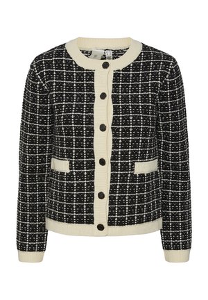 Zwart-wit geblokte gebreide cardigan met een ronde hals, knoopsluiting en twee voorzakken. Accenten met zwarte knopen.