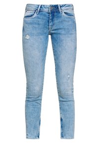 Jasnoniebieskie jeansy skinny z przetarciami. Posiadają pięć kieszeni, szlufki na pasek oraz delikatne wypalenia na udach.