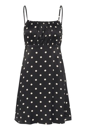 Melnas bezpiedurkņu kleitas ar baltām punktiņām, kurai ir sakrauta augšdaļa un plūstoša svārku daļa. Izgatavota no gludas, vieglas auduma.