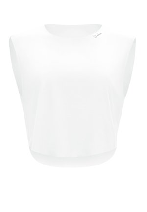 Fehér ujjatlan felső strukturált vállrésszel és kerek nyakkivágással, kis logóval a gallér közelében.