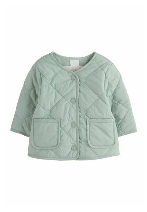 Světle zelená dětská prošívaná bunda s kulatým límcem, dvěma předními kapsami a zapínáním na knoflíky. Má prošití ve tvaru diamantového vzoru.