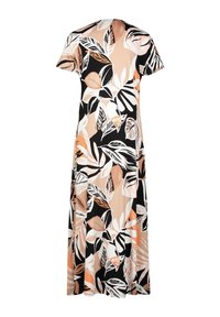 Kukallinen maksimekko, jossa on lyhyet hihat, pyöreä kaula-aukko, musta, persikka ja valkoinen väri, lehtikuvio koko mekossa ja sileä rakenne.