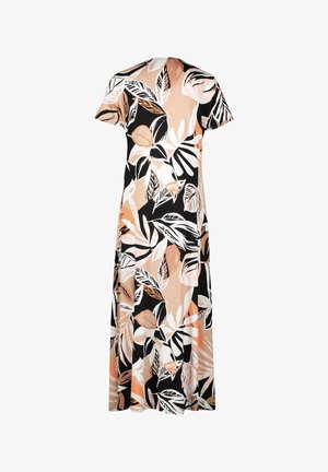 Květinové maxi šaty s krátkými rukávy, kulatým výstřihem, v černé, broskvové a bílé barvě, s listovým vzorem po celém obvodu a hladkou texturou.