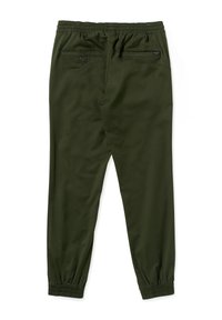 Donkergroene joggerbroeken met een elastische tailleband, twee achterzakken en taps toelopende benen. Glad materiaal met elastische boorden bij de enkels.