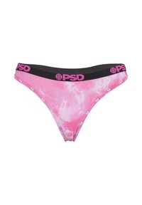 Różowy thong w tie-dye z czarnym elastycznym pasem z logo "PSD" w kolorze różowym. Posiada dekoracyjne ćwieki wzdłuż brzegów. Miękka tekstura materiału.