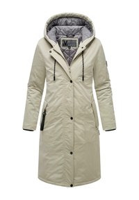 Beige lange jas met een gewatteerde binnenkant, capuchon, koordjes, twee voorkruisen en zwarte accentknopen. Gladde, waterafstotende stof.