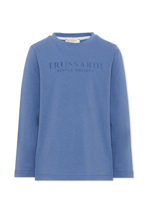 Camicia blu a maniche lunghe con collo a giro e testo in rilievo "TRUSSARDI GENTLE SOCIETY" sul petto.