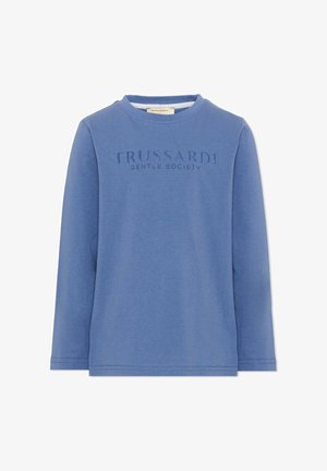 Blauw shirt met lange mouwen, ronde hals en reliëftekst "TRUSSARDI GENTLE SOCIETY" op de borst.
