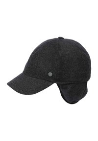 Dark gray wool winter cap with curved visor and attached ear flaps, viewed from the right side on a white background.
