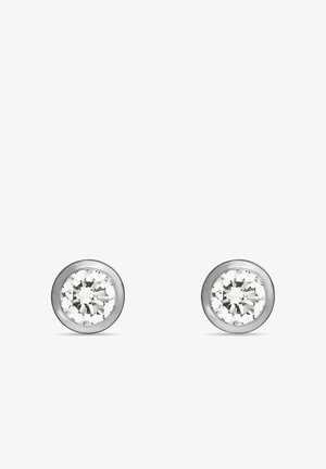 Runde Steckerohrringe mit klaren, facettierten Steinen, die in eine elegante Metallfassung in Silberton eingefasst sind. Einfaches Design mit polierter Oberfläche.