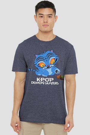Young man wearing a navy blue tee with a large playful blue cartoon cat and "K-POP DEMON HUNTERS" text on front.