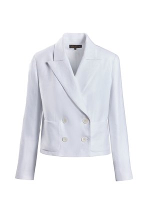 Weiße doppelte Jacke aus glattem Stoff, mit eingekerbten Revers, zwei Fronttaschen und runden, weißen Knöpfen.