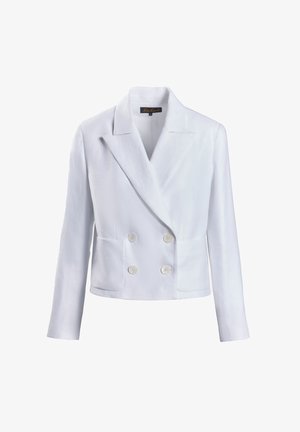 Biely dvojradový sak zo hladkej tkaniny, s klopenými lícami, dvoma prednými vreckami a okrúhlymi bielymi gombíkmi.