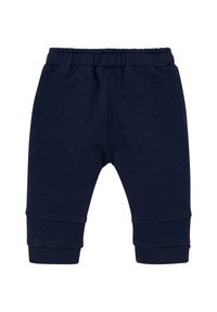 Marineblauwe joggingsbroek met een elastische tailleband en geribde boorden, gemaakt van zachte stof, met een eenvoudig ontwerp en zonder zichtbare patronen.