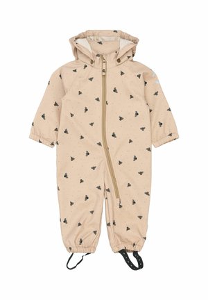 Svetlobéžový nepremokavý detský overal s čiernym motívom včielky, kapucňou, celým zipsom, elastickými manžetami a nastaviteľnými popruhmi na členkoch.