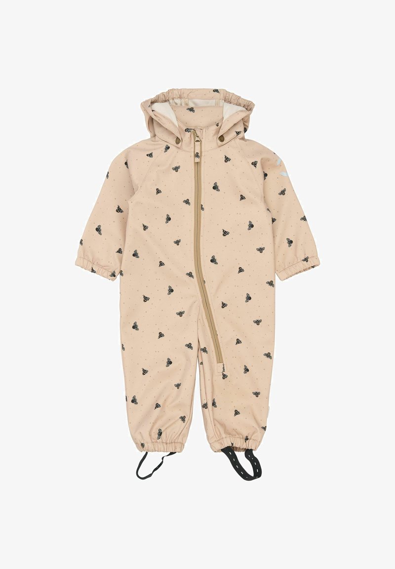 Mono impermeable para niños de color beige claro con estampado de abejas negras, capucha, cremallera completa, puños elásticos y tirantes ajustables en los tobillos.