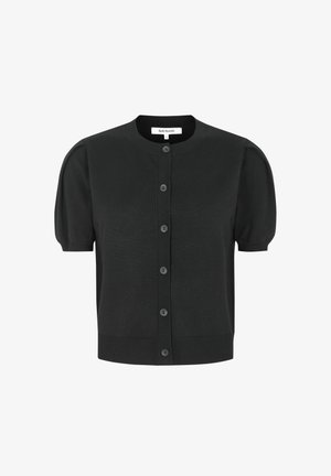 Fekete rövid ujjú kardigán, kötött anyagból, kerek nyakkivágással, gombos elülső résszel, bordás szegéllyel és mandzsettával, enyhe puff részlettel a vállaknál.