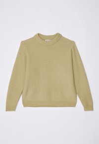 Ljusgulgrön stickad tröja, rund halslinning, ribbade mudd och nederkant, mjuk textur, avslappnad passform, utan synliga mönster eller logotyper.