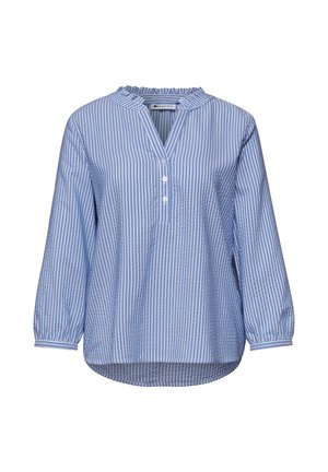 Bluzka z długim rękawem w pionowe niebiesko-białe paski, z falbankowym kołnierzem, częściowym zapięciem na guziki i lekko marszczonymi mankietami.