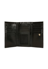 Černá kožená peněženka s několika přihrádkami na karty, síťovanou kapsou a zapínáním na knoflík. Hladká textura a kompaktní design s dvoudílným skladem.
