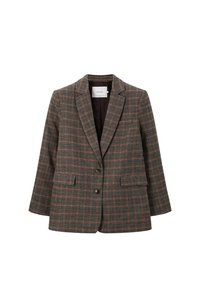 Bruine en zwarte geruite blazer met een knoopsgat, twee voorkzakken en twee knopen. Gevoerde binnenkant in effen bordeauxrood.