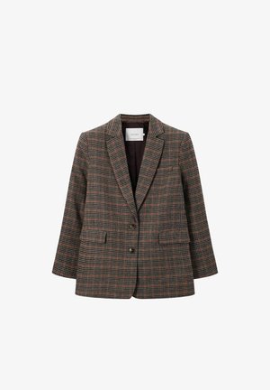 Brown and black checkered blazer with a notched lapel, two front pockets, and two buttons. Lined interior in solid burgundy.