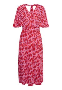 Maxikleid in Rot und Pink mit geometrischem Muster, kurzen Ärmeln, V-Ausschnitt und Taillenknoten. Aus leichtem Stoff hergestellt.
