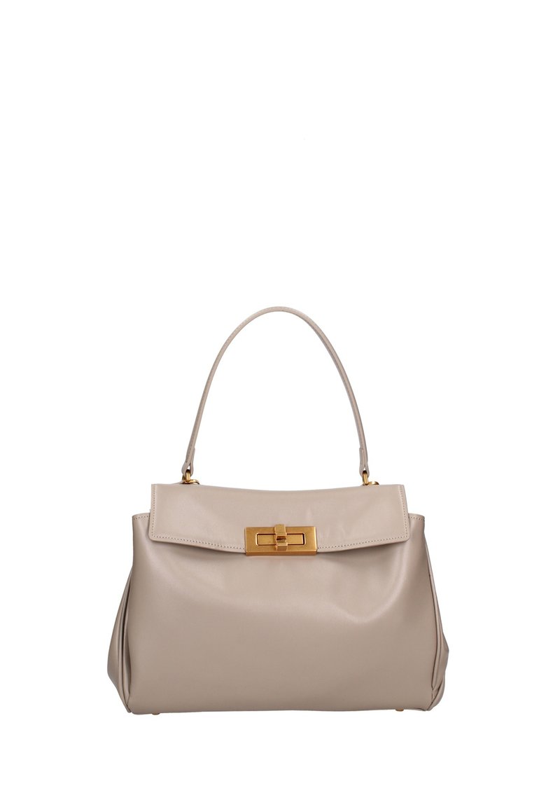 Borsa a mano in pelle beige con forma strutturata, parte superiore piatta e chiusura in tono oro. Presenta un manico singolo per il trasporto.
