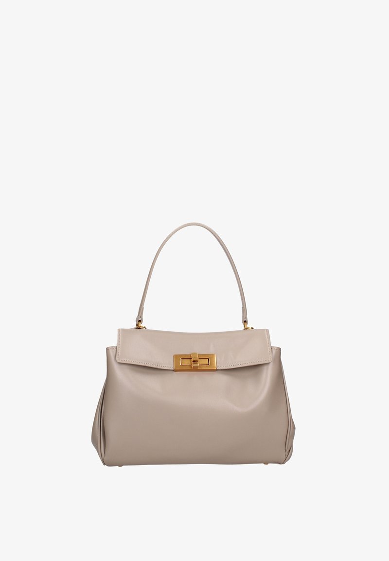 Borsa a mano in pelle beige con forma strutturata, parte superiore piatta e chiusura in tono oro. Presenta un manico singolo per il trasporto.